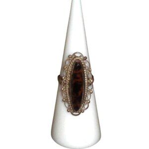 Vtg Obsidian? Elongated Oval Navette Filigree Ornate Sterling Silver Ring 5.75